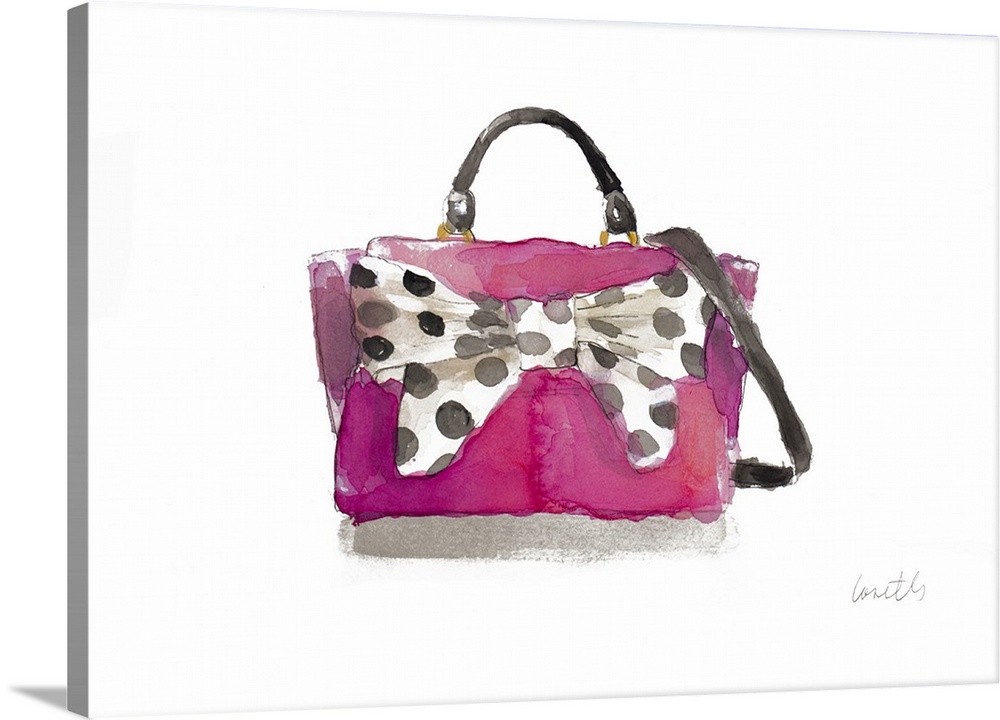 Watercolor painting of a dark pink purse with a big white bow attached to it with black polka dots.