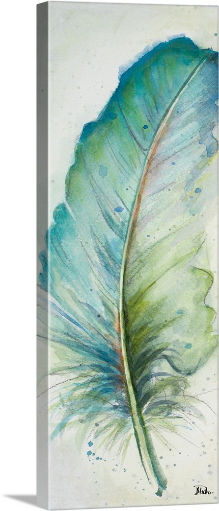 A watercolor painting of a feather with blue and green hues.