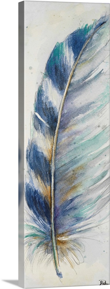 Watercolor painting of a pointed, striped feather.