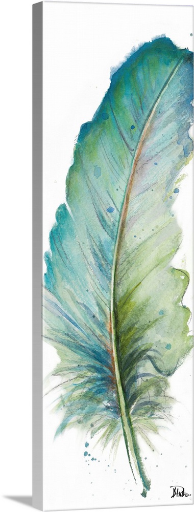 Contemporary watercolor painting of a feather against a white background.