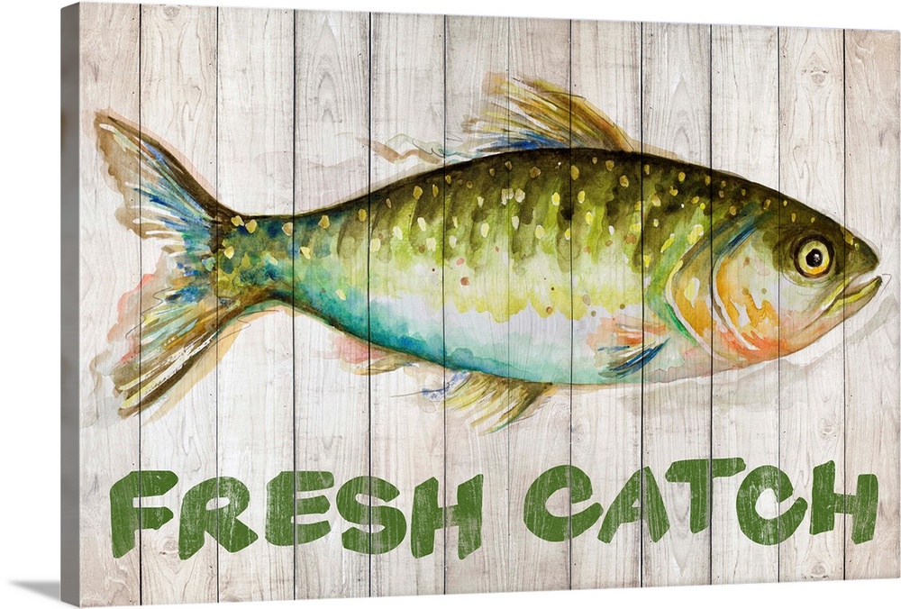 Painting of a fish on wooden boards with "Fresh Catch" written underneath.