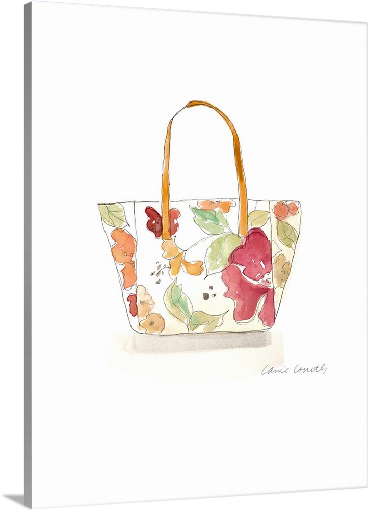 Watercolor painting of a floral print purse.
