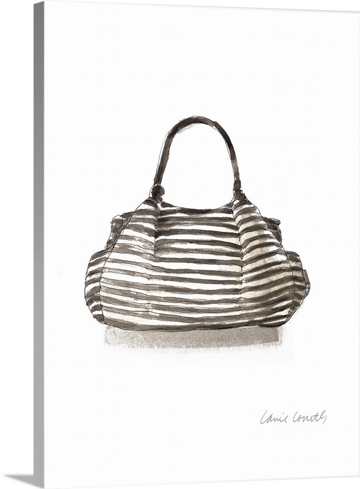 Watercolor painting of a black and white striped purse.