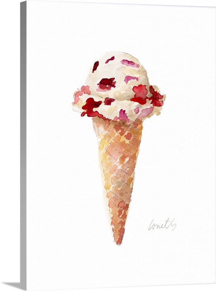 Watercolor painting of an ice cream cone with strawberry chunk ice cream.
