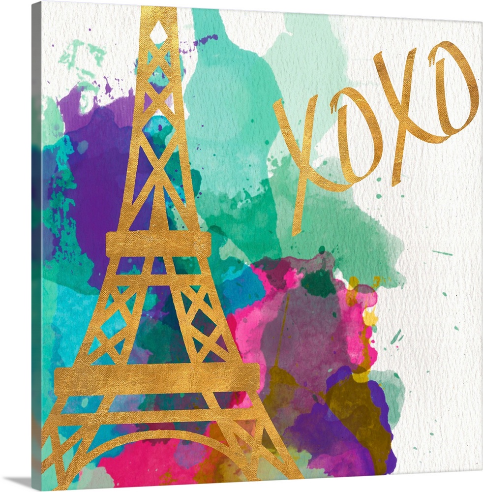 The Eiffel Tower in gold on multicolored watercolor splashes.