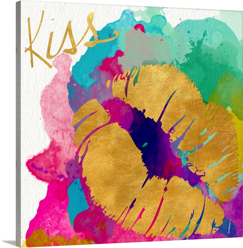 A gold lip print on a multicolored watercolor background.