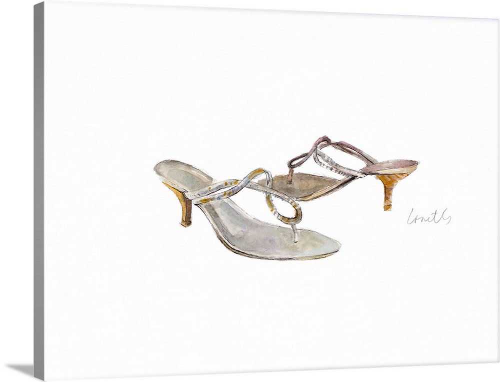 Watercolor painting of gray heels with gold designs on the straps and heel.