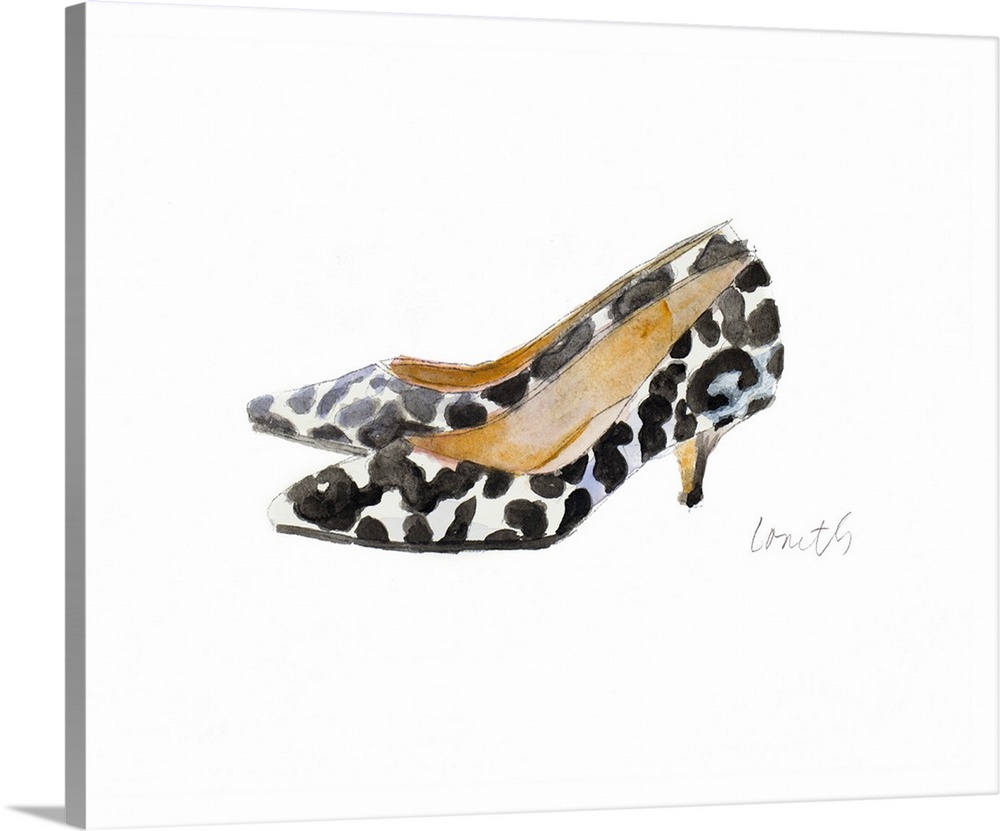 Watercolor painting of a pair of white heels with black spots all over.