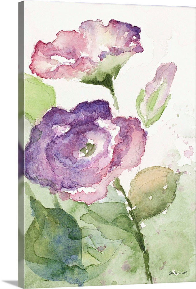 Contemporary artwork featuring purple watercolor flowers with mark making lines against a white background.