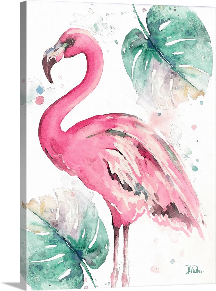A watercolor painting of a pink flamingo and two big green leaves.