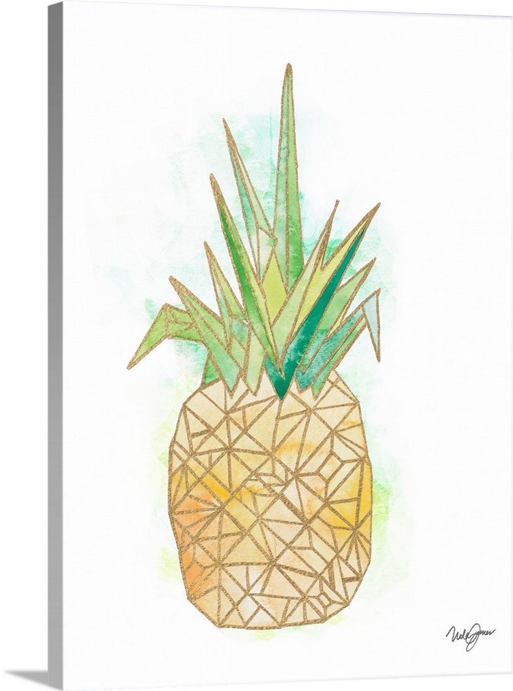 Watercolor painting of a pineapple created with metallic gold geometric shapes on a white background.