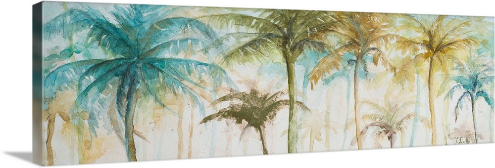 A tropical watercolor painting of tan, blue, green, and yellow palm trees.