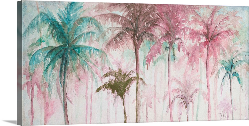 A watercolor painting of pink and blue palm trees.