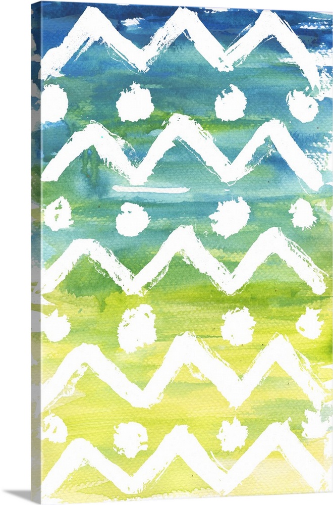 Patterned watercolor painting with zigzags and circles on a blue to yellow gradient background.
