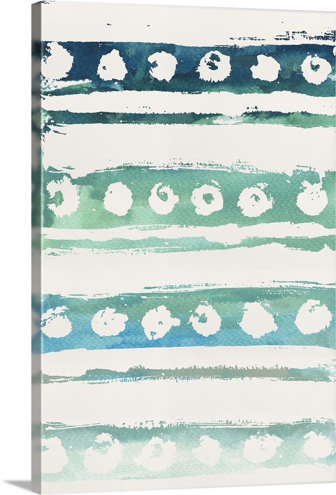 Watercolor pattern with lines and circles on a blue and green background.