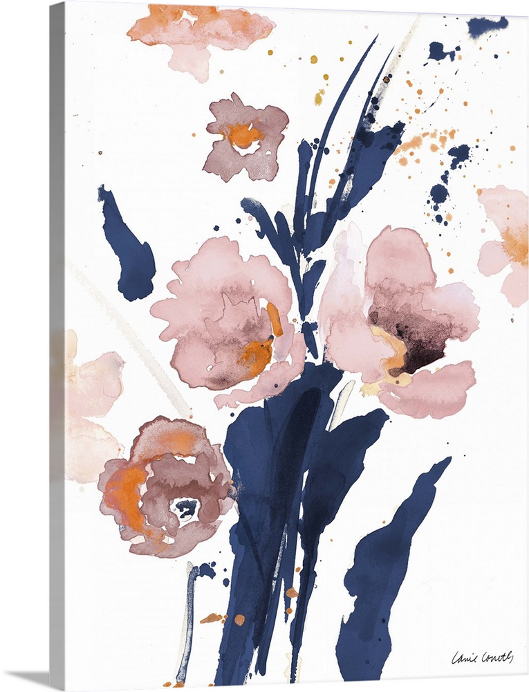 Contemporary watercolor painting of pink poppy flowers with navy blue stems.