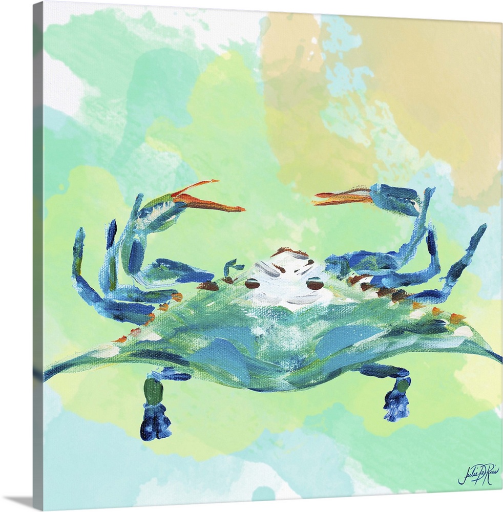 A watercolor painting of a blue crab with sharp claws.
