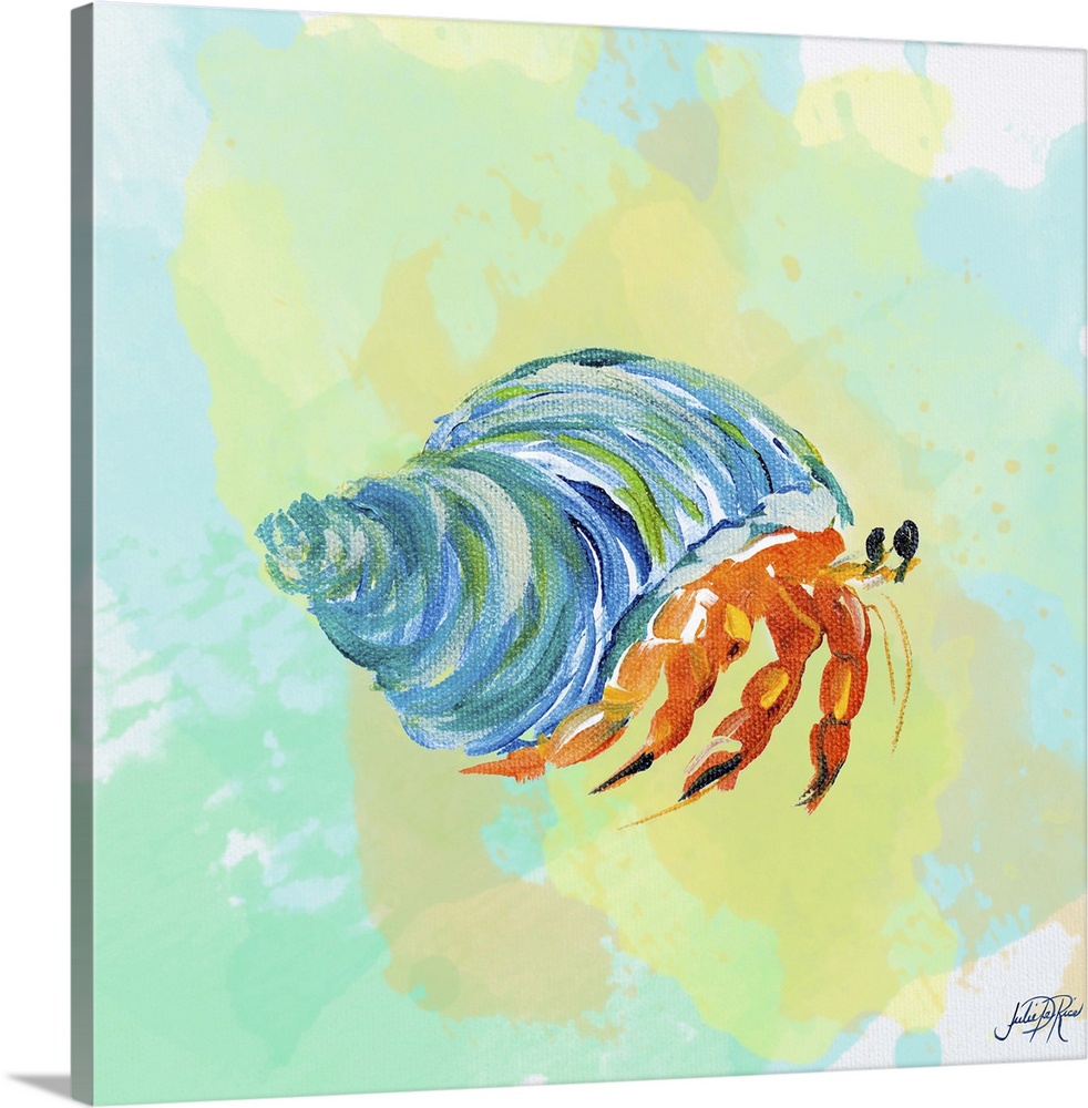 A watercolor painting of a hermit crab with a blue shell.