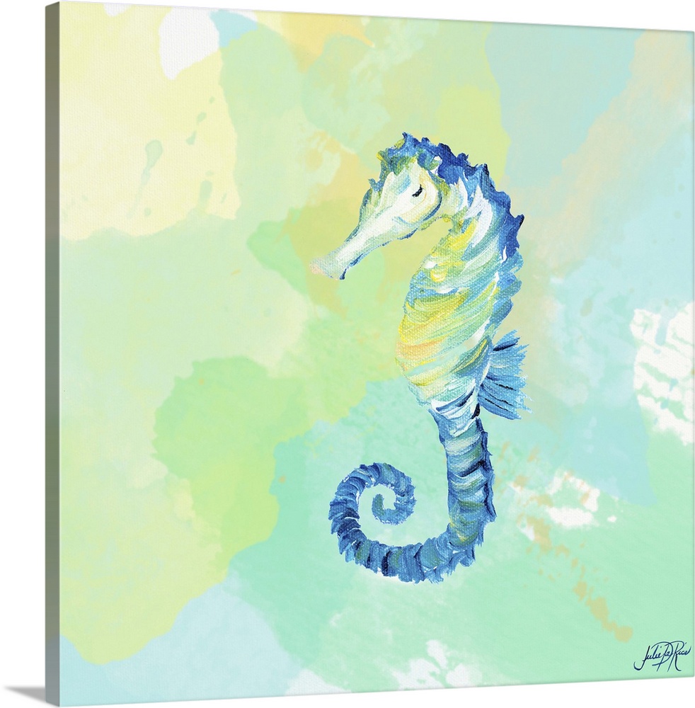 A watercolor painting of a blue seahorse.