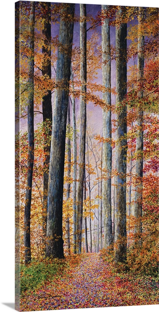 A contemporary painting of a path in the woods surrounded by Fall trees and a violet sunset.