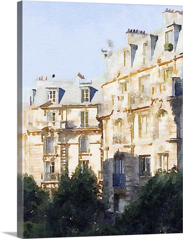 This watercolor artwork illustrates the architectural brilliance of Paris buildings.