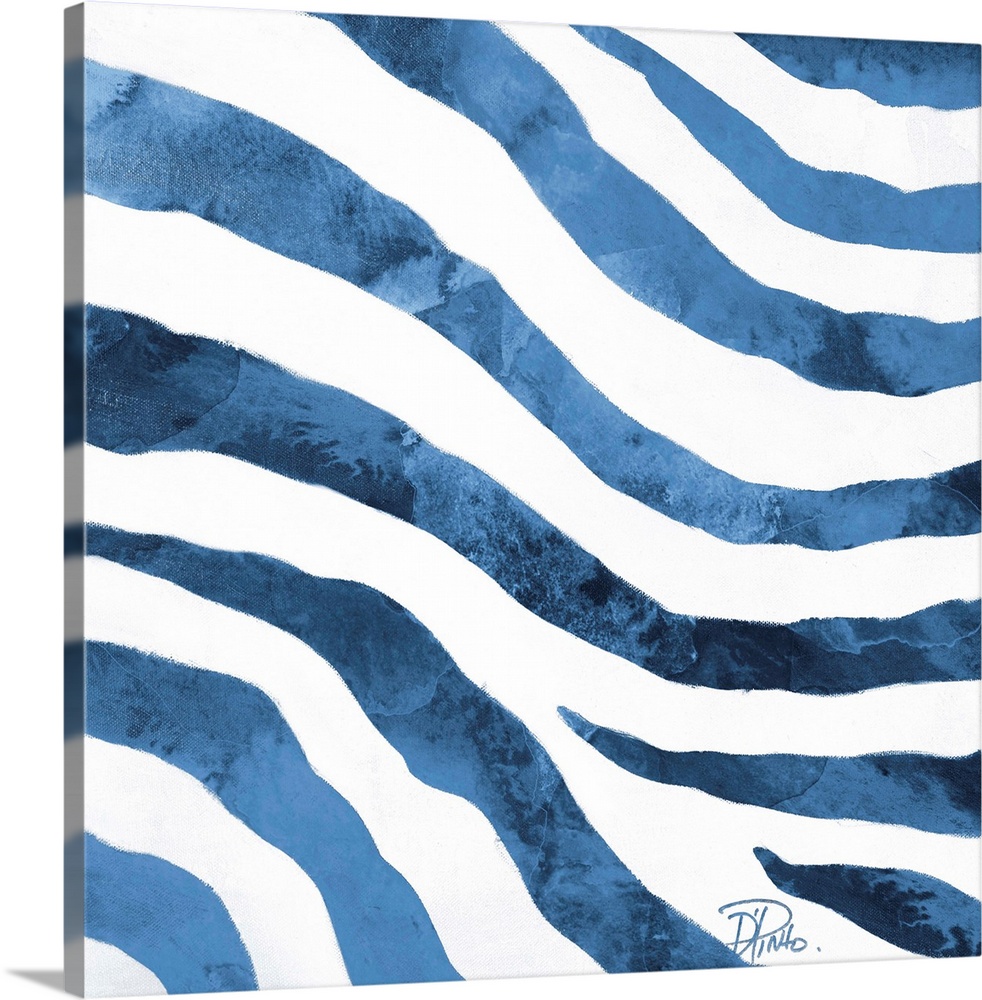 Contemporary abstract painting of blue zebra stripes against white.