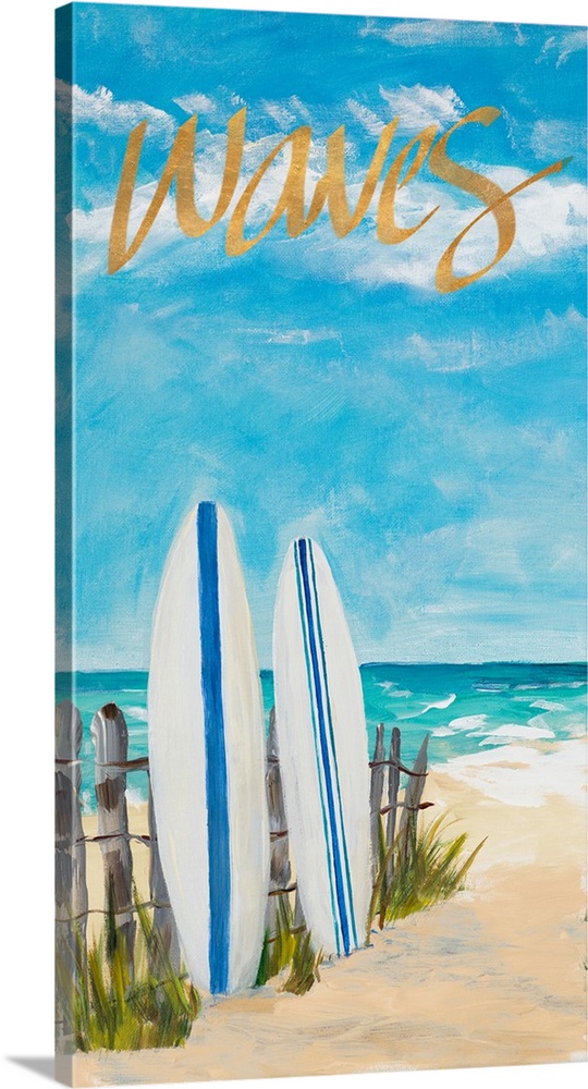 Contemporary painting of two surf boards standing up against a wooden fence on the beach with the word "Waves" written in ...
