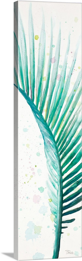 Tall watercolor painting of a green-blue palm leaf with light colorful paint spatter on the white background.