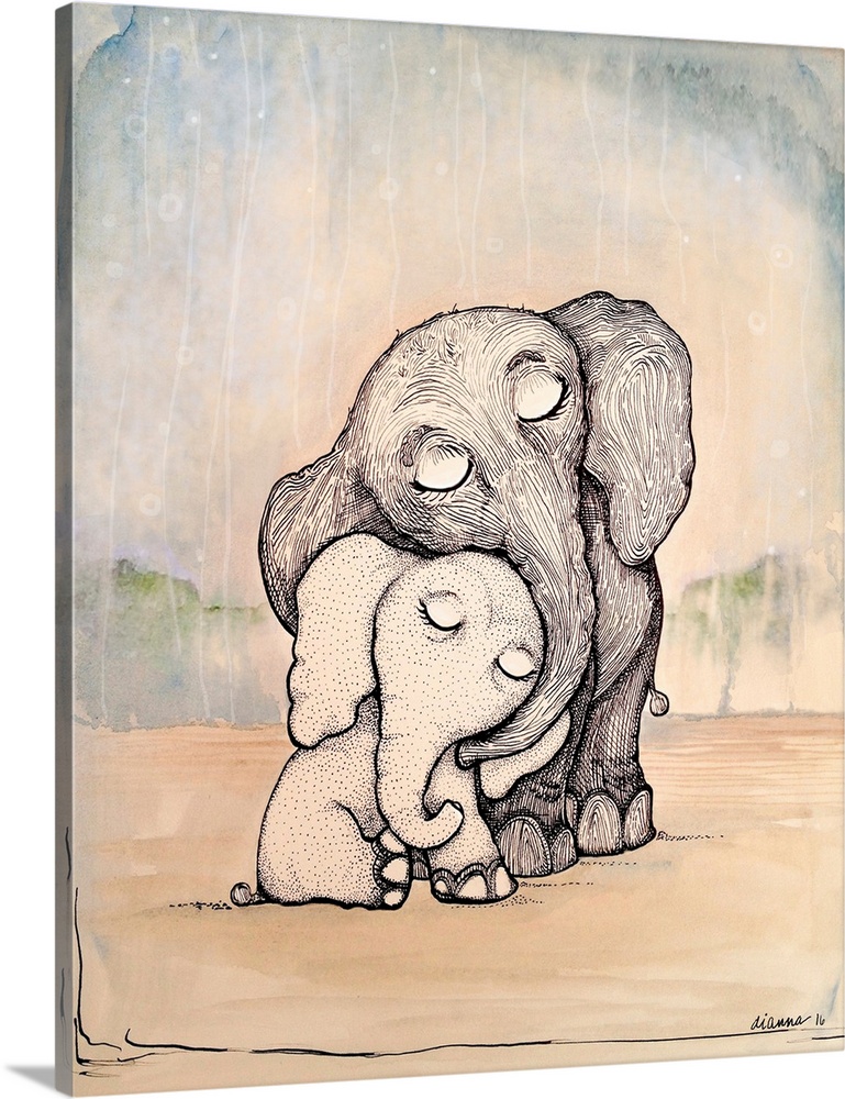 Whimsical Mom and Baby Elephant