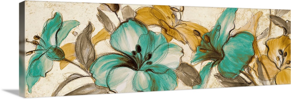 Horizontal, large artwork for a living room or office of big, colorful flowers illustrated on a neutral background.
