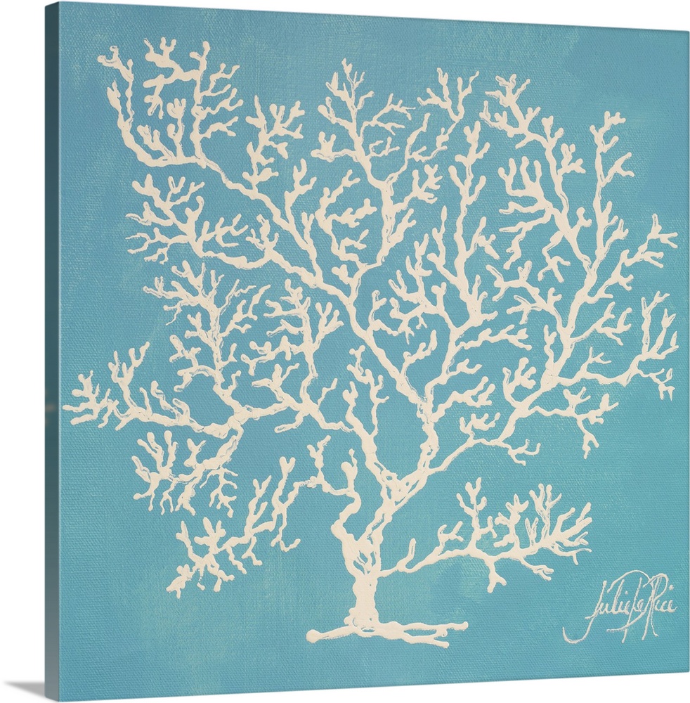 Coral design in white on a blue background.