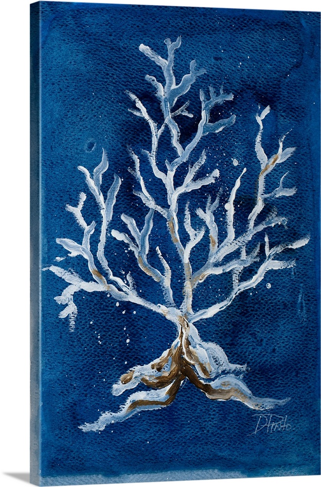A contemporary painting of white corals on a deep blue background.