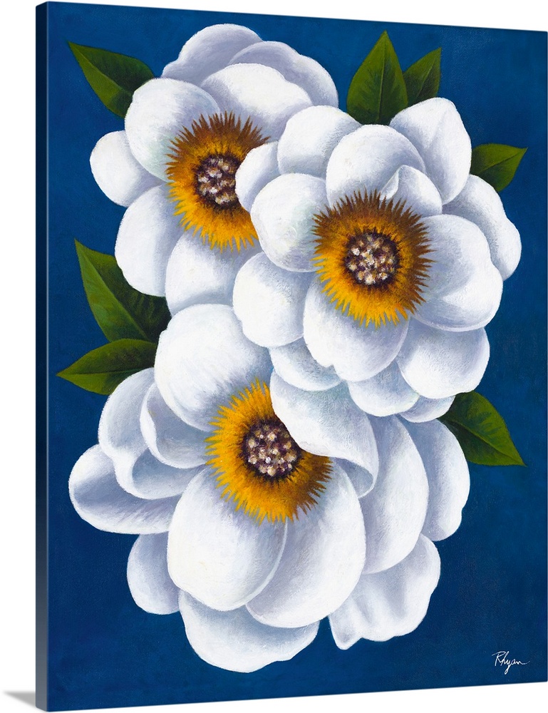 Contemporary painting of three beautiful white flowers on a bright blue background.