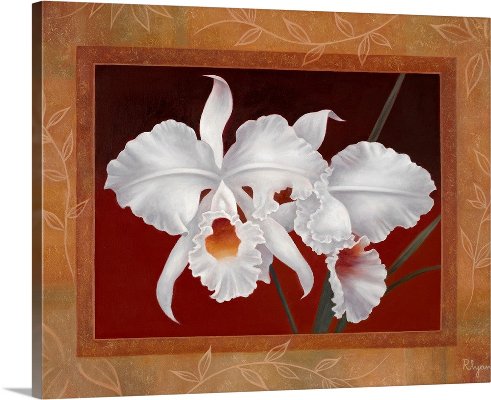 Artwork of large white orchids that are framed and surrounded by a delicate design of leaves on a branch.