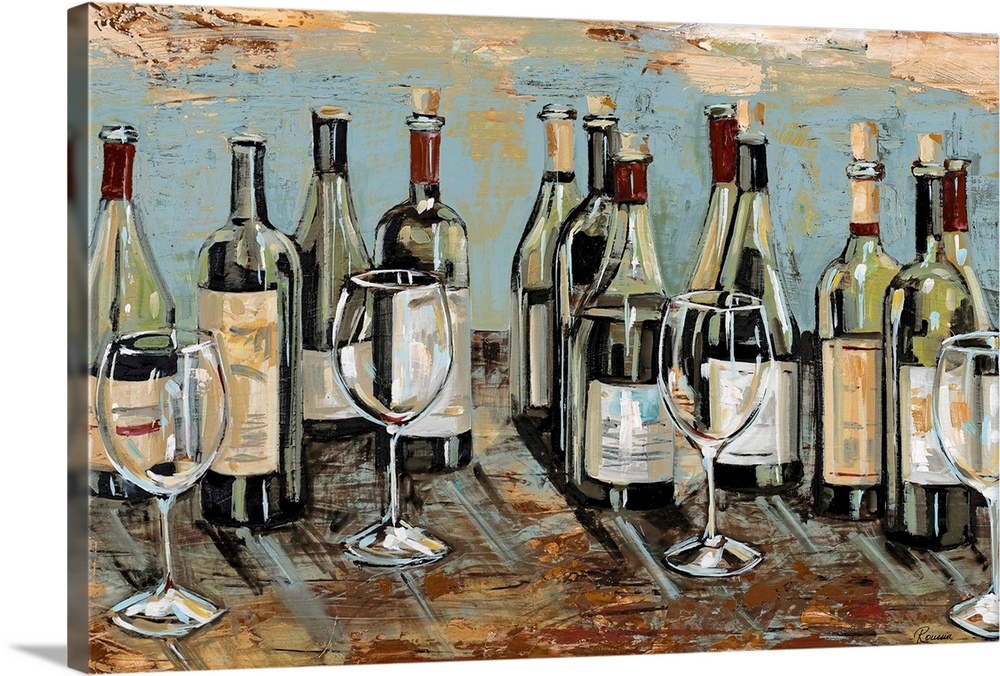 Horizontal painting on a giant canvas of many open bottles of wine, sitting on a counter with several empty glasses in fro...