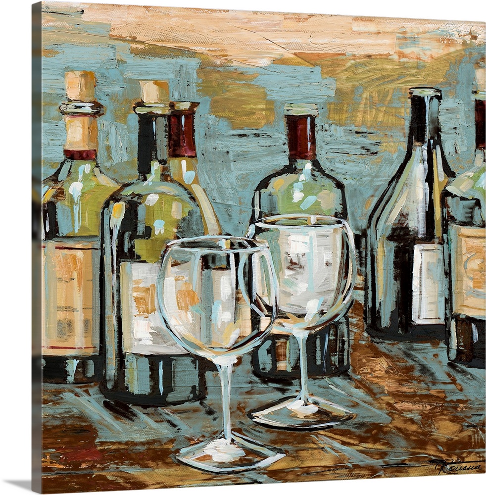 Artwork perfect for the home or kitchen of different types of wine bottles with two wine glasses sitting in front empty.