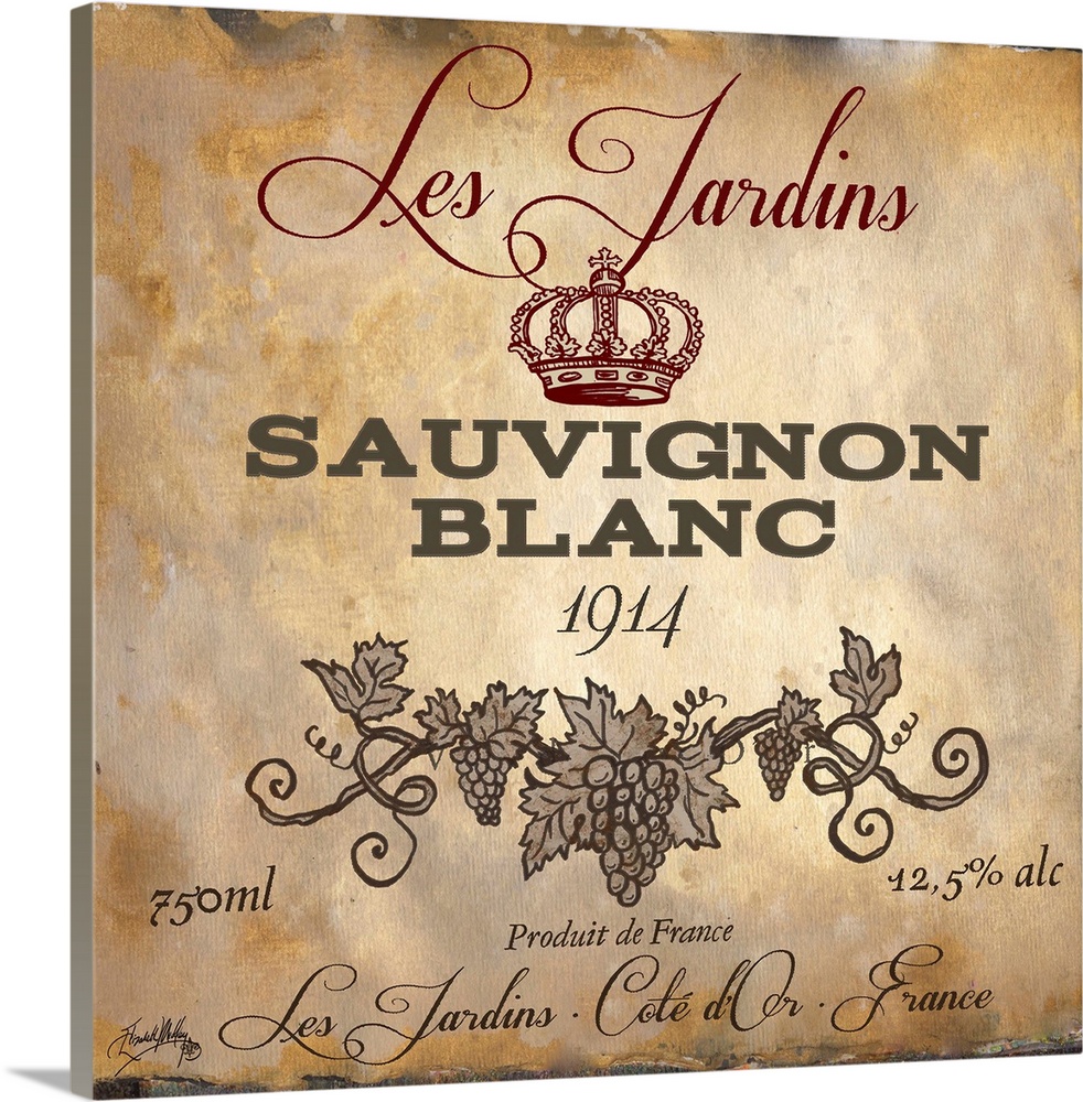 Contemporary artwork of a vintage stylized Sauvignon Blanc wine bottle label.
