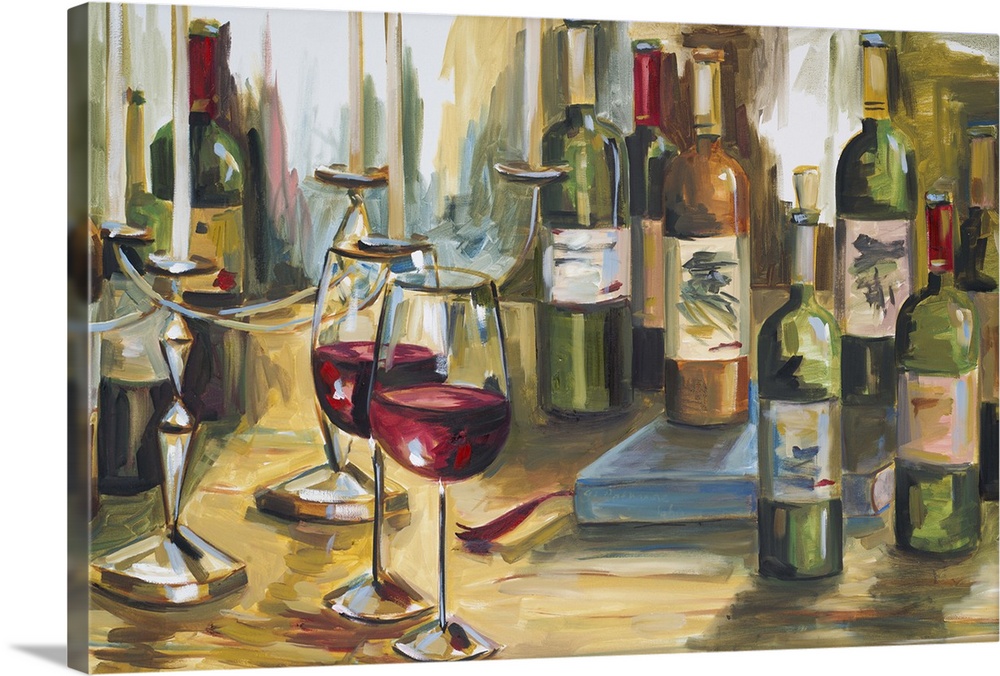 Contemporary painting of a group of wine bottles and glasses on a table, along with books and candles.