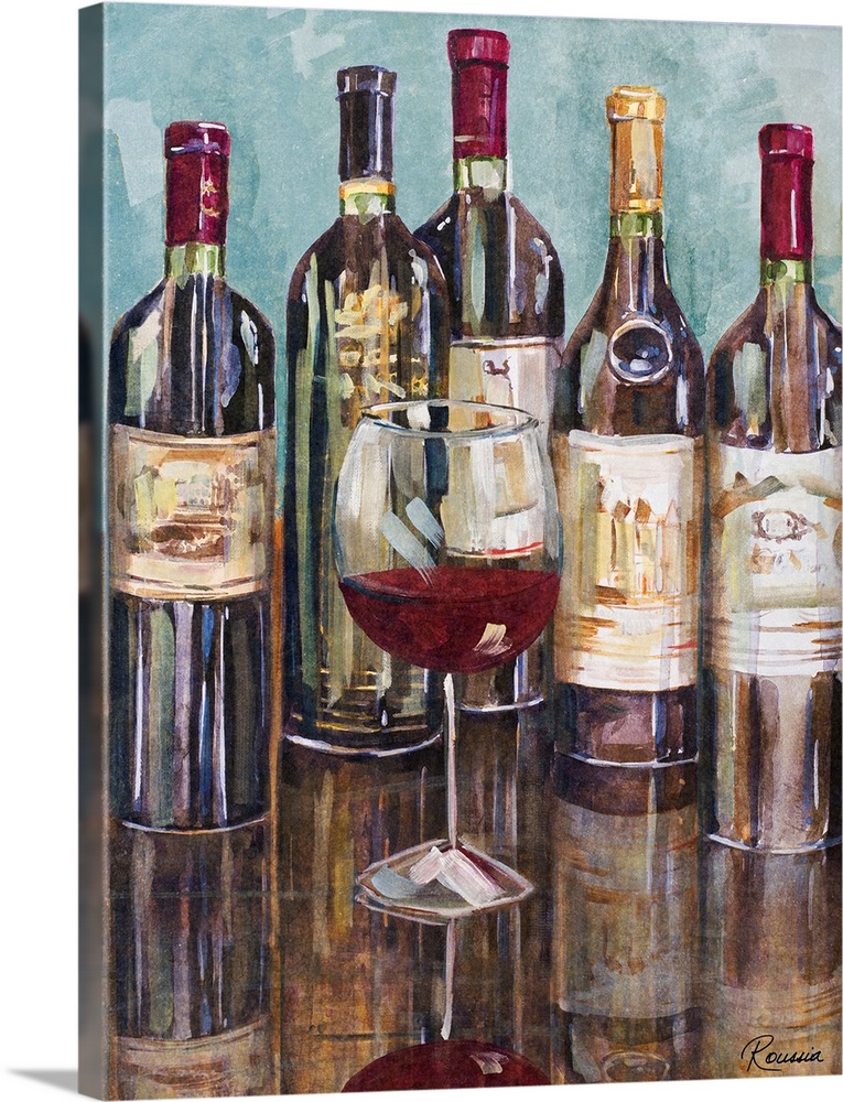 Vertical, large wall painting of a five bottles of wine sitting on a reflective, smooth counter top, with a single glass o...