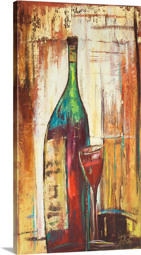 A rustic abstract painting of a bottle and glass of red wine.