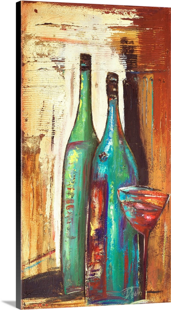 A rustic abstract painting of  two bottles and glass of red wine.