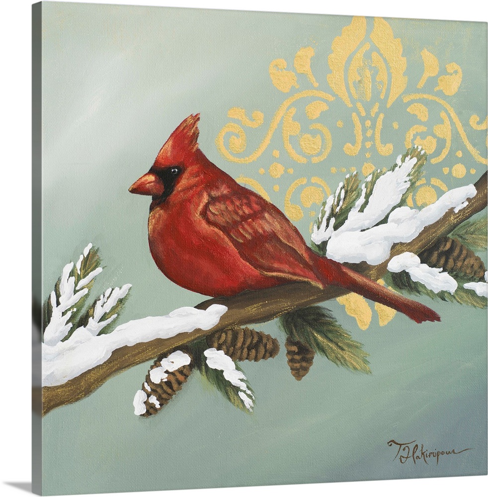 Decorative artwork of a cardinal perched on a snowy branch with a gold damask in the background.