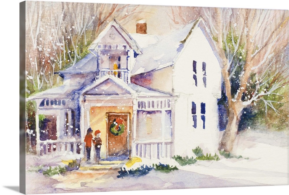 Contemporary watercolor painting of a country home covered in fluffy snow.