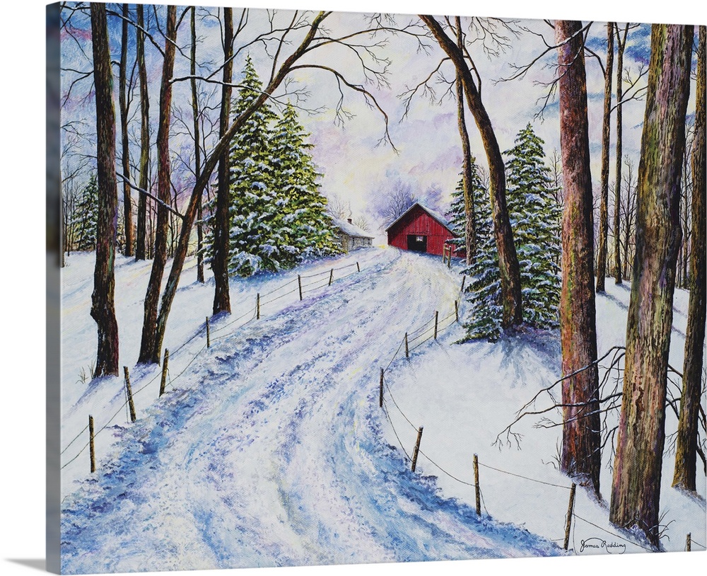 A contemporary painting of a snowy driveway leading to a red barn and surrounded by trees.