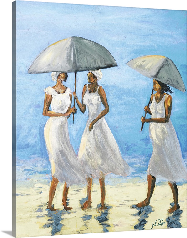 Painting of three women in white holding parasols by the water's edge.