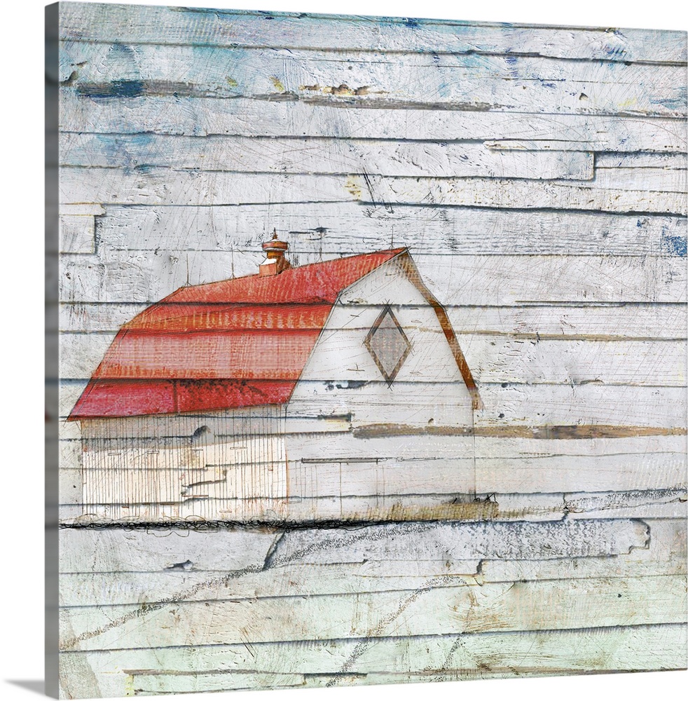 Painting of a white barn with a red roof on rustic, distressed wood panels.
