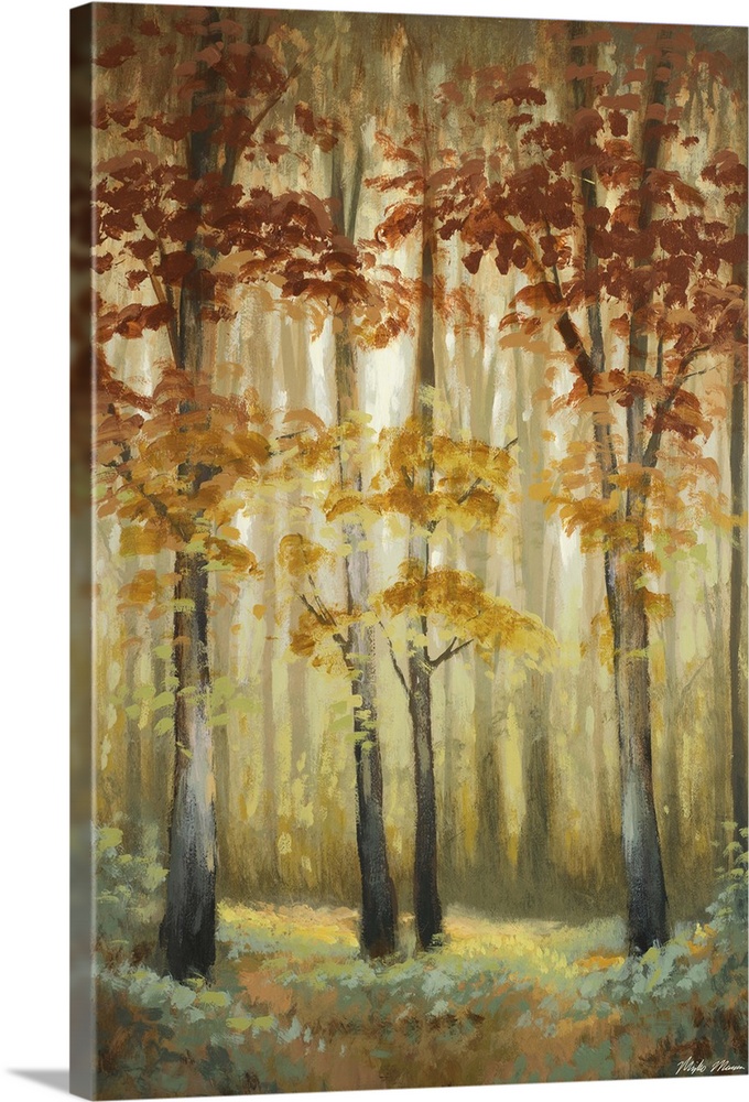 Contemporary painting of an autumn foliage forest illuminated in a soft glow.