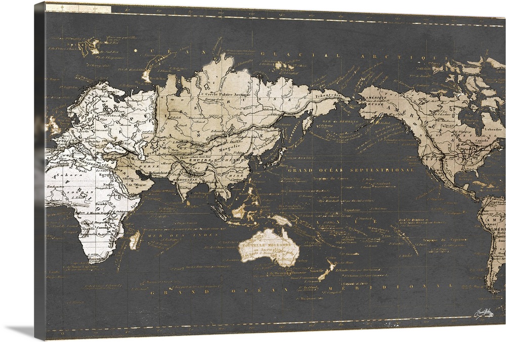 A gold and gray map of the world written in French.