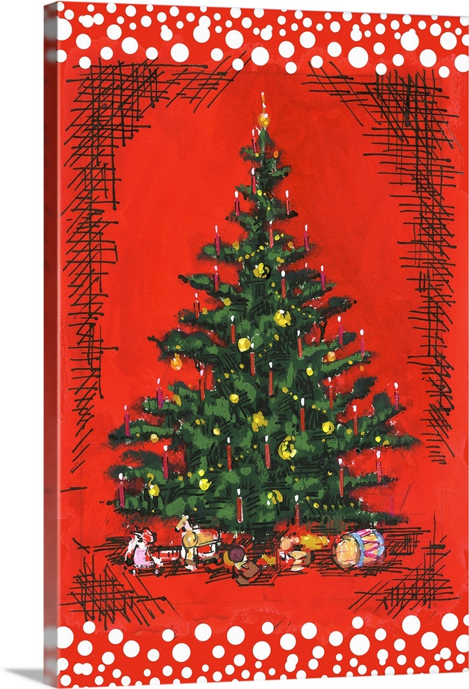 Painting of a Christmas tree with candles and presents on red.