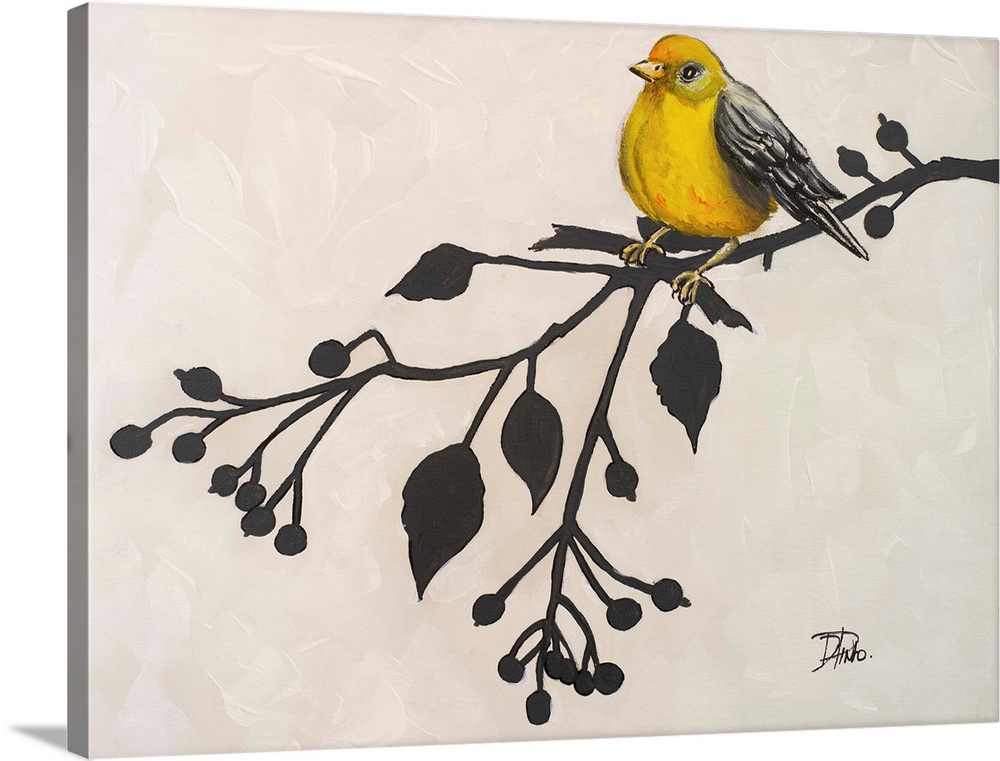A contemporary painting of a yellow bird perched on a black branch with leaves and berries on a white background.